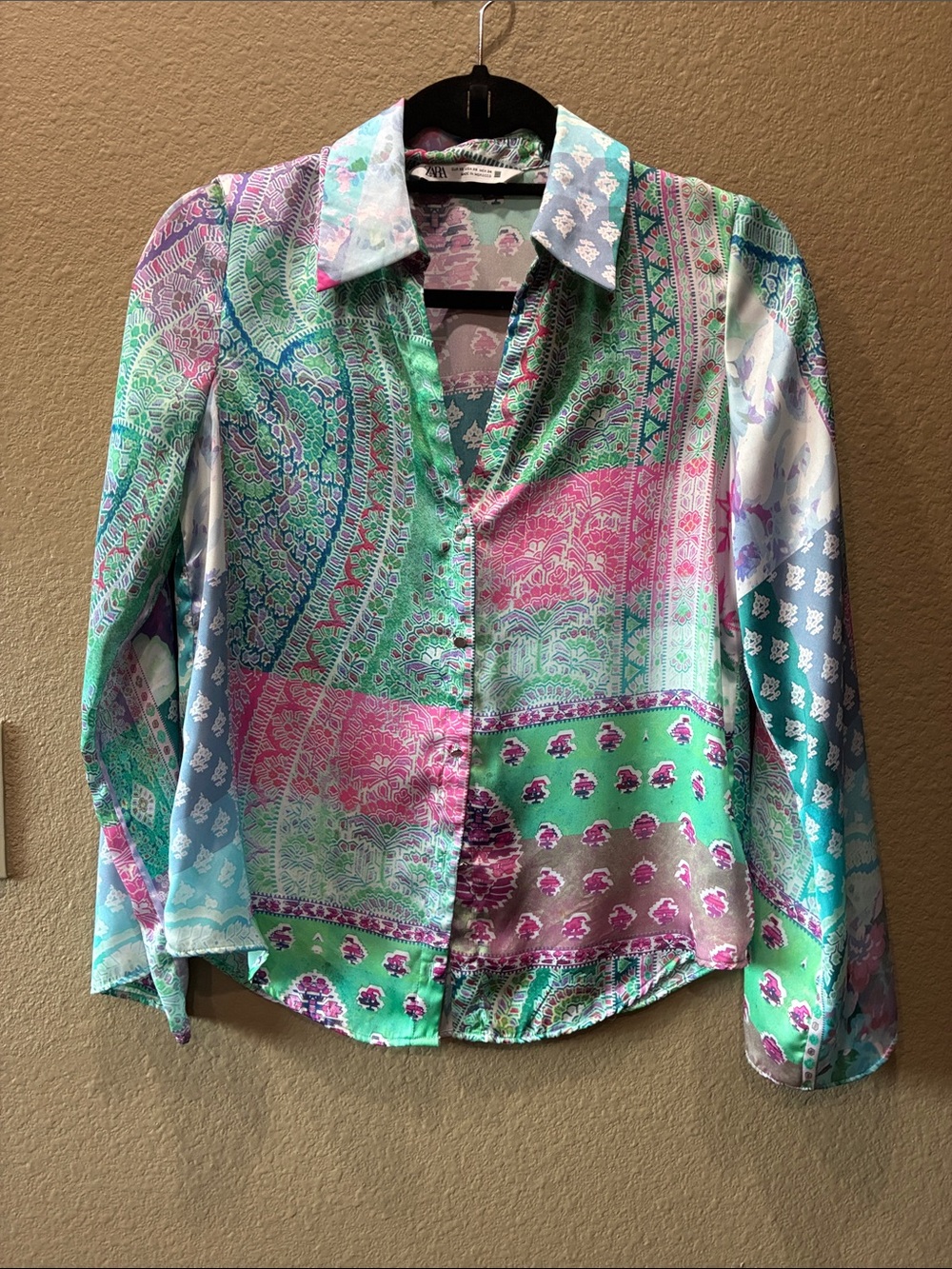 Zara Colorful Paisley Button-Up Blouse in Pink, Mint & Blue